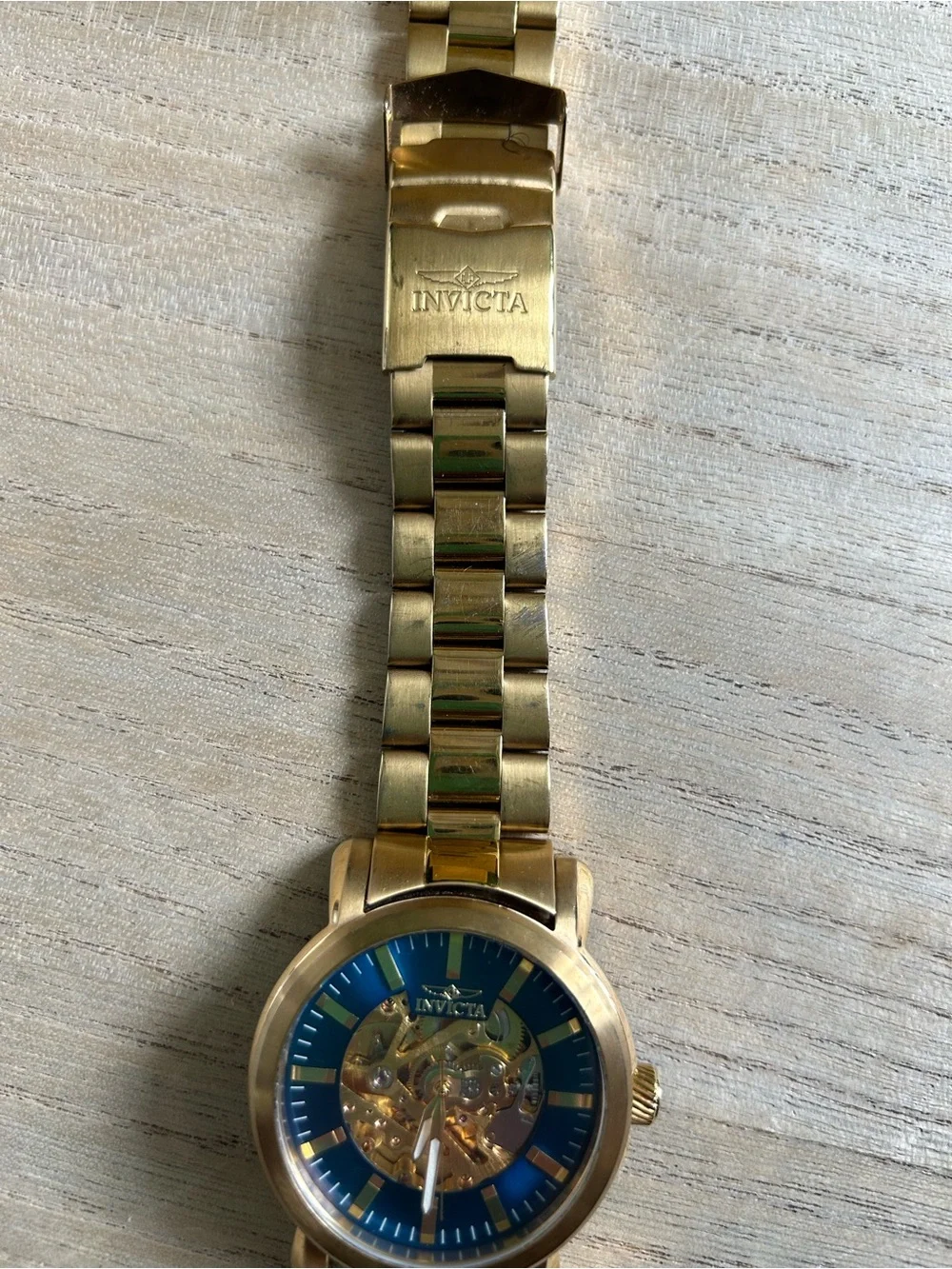 Invicta Gold-Tone Watch with Blue Skeleton Dial